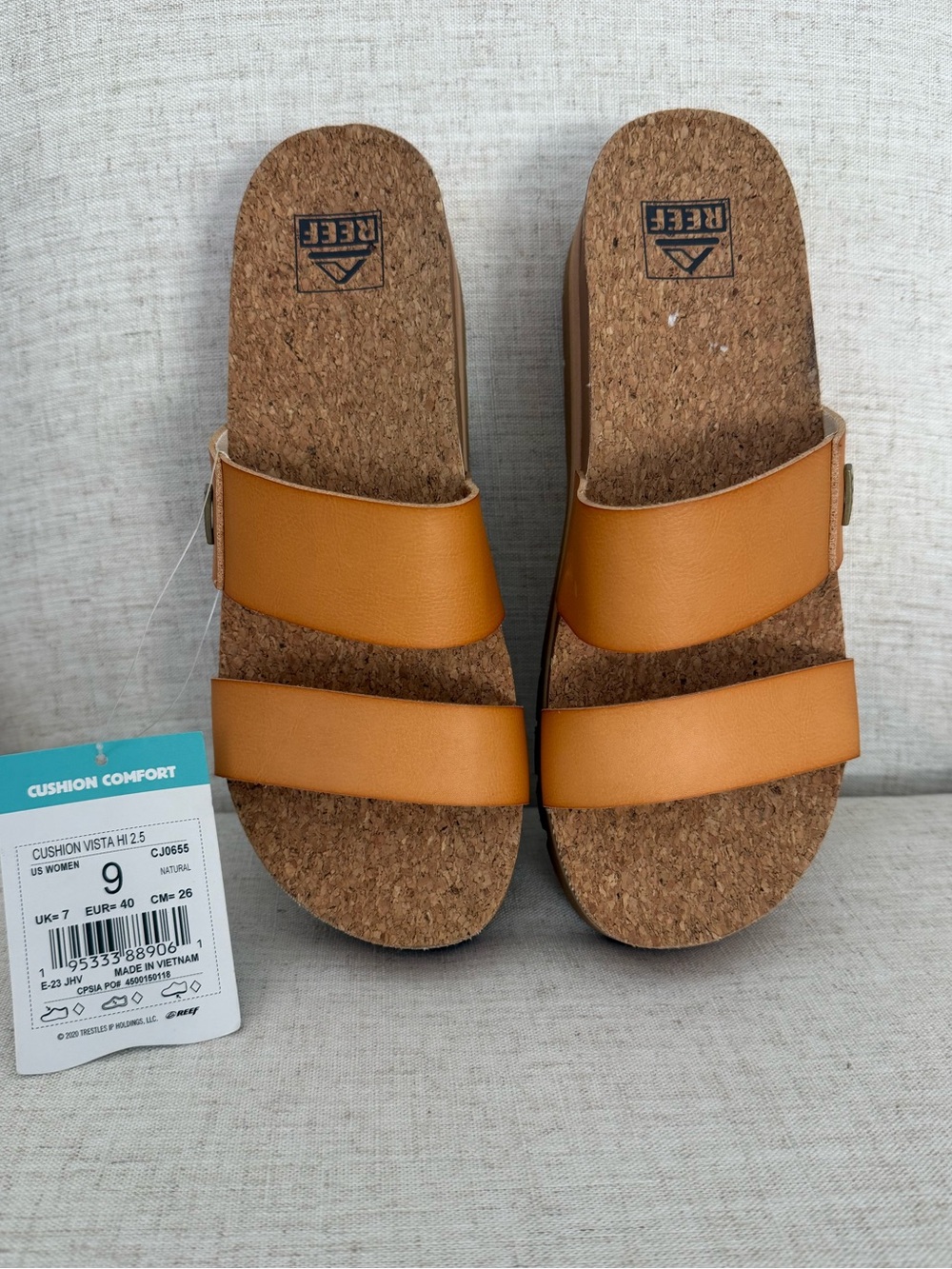 REEF Cushion Vista Hi 2.5 Platform Slide Sandals Natural Womens 9 NEW Cork Tan - Picture 2 of 10